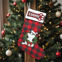 Custom Name Pet Holiday Stocking, Personalized Buffalo Plaid Cat Christmas Stocking, Red Plaid Christmas Stocking, Velboa Cat Xmas Stocking
