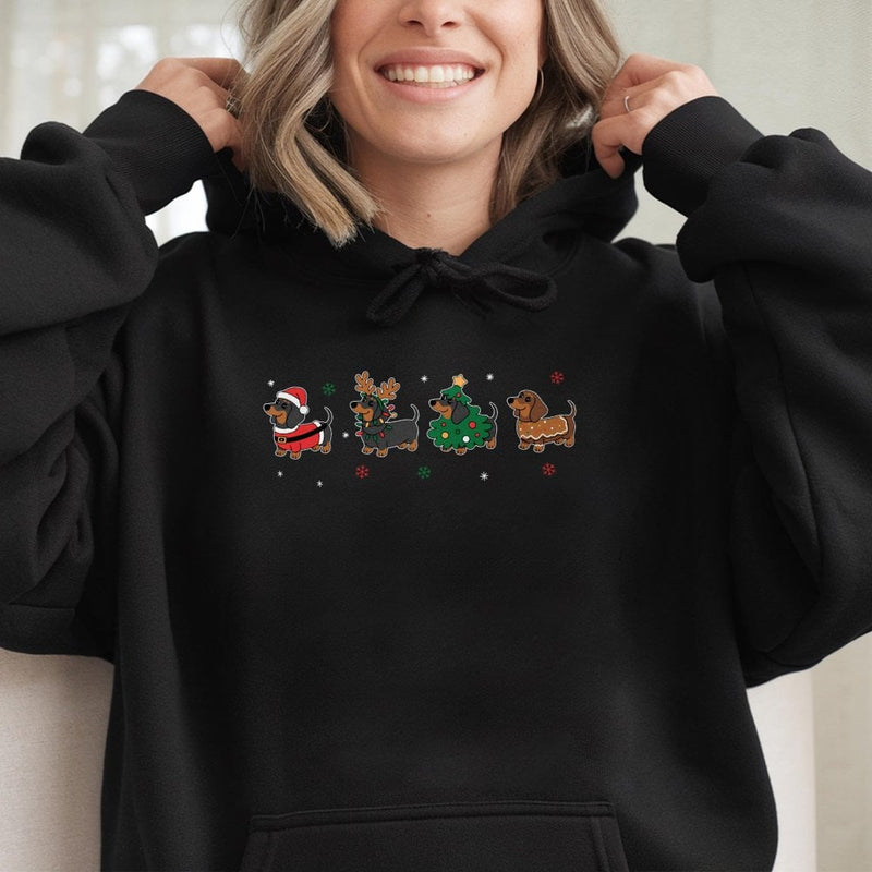 Adorable Wiener Dog Holiday Graphic Hooded Sweatshirt, Dachshund Christmas Hoodie, Xmas Doxie Lover Pullover, Festive Winter Dog Mama Jumper