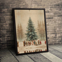 Children in Snowy Forest Scene Poster, Vintage Christmas Tree Wall Art Print, Nostalgic Holiday Winter Art, Digital Download Present