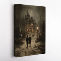 Snowy Christmas Night Canvas Art, Gothic Victorian Mansion Canvas Print, Dark Aesthetic Holiday Canvas Decor, Winter Landscape Wall Art