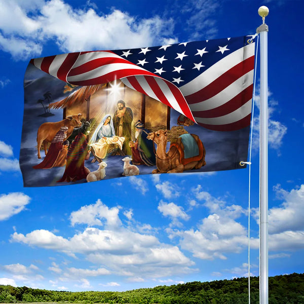 Religious USA House Flag, Christmas Nativity American Flag, Double-Sided Holy Night Garden Flag, Christian Holiday Yard Banne