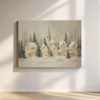 Winter Church Snow Scene Canvas Print, Snowy Christmas Village Canvas Wall Art, Holiday Landscape Wall Decor