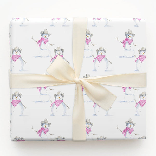 Western Holiday Gift Wrap, Cowboy Snowman Wrapping Paper, Watercolor Pink Bandana Snowman Wrapping Paper, Rustic Country Chri
