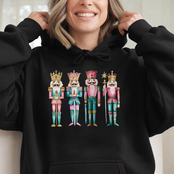 Watercolor Festive Toy Soldiers Hooded Sweatshirt, Nutcracker Christmas Hoodie, Holiday Season Pullover, Comfy Xmas Sweater P