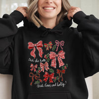 Festive Bow Graphic Sweatshirt, Deck the Halls Christmas Bows Hoodie, Coquette Holiday Hooded Pullover, Adorable Christmas Apparel Present
