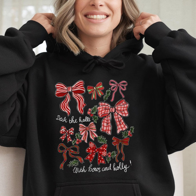 Festive Bow Graphic Sweatshirt, Deck the Halls Christmas Bows Hoodie, Coquette Holiday Hooded Pullover, Adorable Christmas Apparel Present