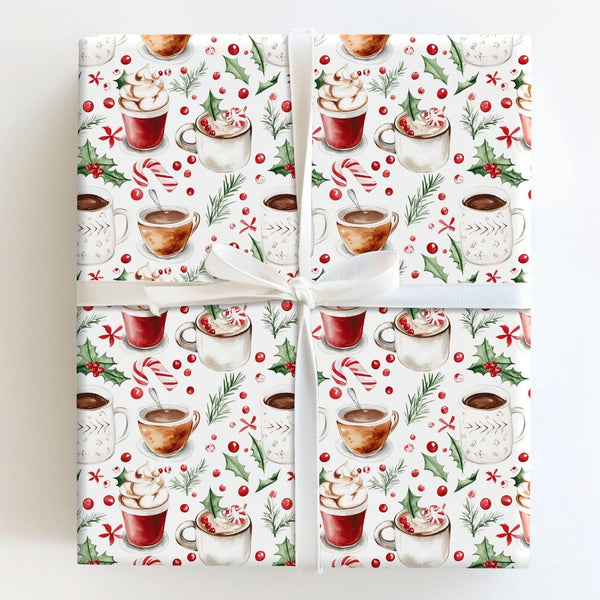 Watercolor Mug Candy Cane Gift Wrap, Hot Cocoa Christmas Wrapping Paper, Comfy Winter Holiday Wrapping Paper, Festive Gift Wr
