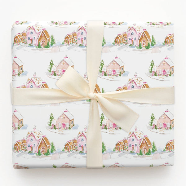 Watercolor Christmas Village Wrapping Paper, Pink Gingerbread House Gift Wrap, Sweet Holiday Village Gift Wrapping Paper, Ado