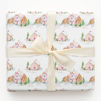 Watercolor Christmas Village Wrapping Paper, Pink Gingerbread House Gift Wrap, Sweet Holiday Village Gift Wrapping Paper, Adorable Present Wrap