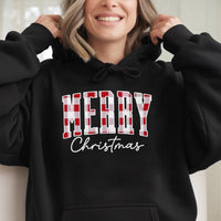 Retro Buffalo Plaid Christmas Sweatshirt, Merry Christmas Hoodie, Comfy Holiday Pullover, Winter Season Plaid Hooded Sweater Xmas Present