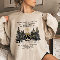 Matthew 1 21 Scripture Sweatshirt, Jesus Nativity Scene Sweatshirt, Christian Faith Sweatshirt, Religious Christmas Crewneck, Holiday Present