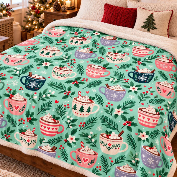 Marshmallow Candy Cane Sherpa Throw Blanket, Mint Hot Cocoa Mugs Christmas Blanket, Retro Holiday Cocoa Fleece Blanket, Comfy