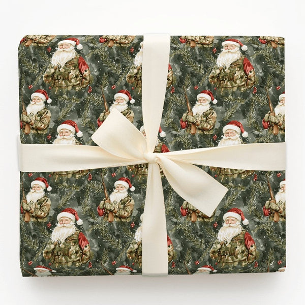 Camo Santa with Rifle Gift Wrap, Hunting Santa Christmas Wrapping Paper, Outdoorsman Holiday Wrapping Paper, Rustic Winter Wr