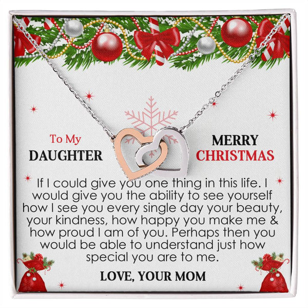 Daughter Christmas Present from Mom, Interlocking Hearts Necklace, Cubic Zirconia Heart Pendant, Polished Surgical Steel Holi