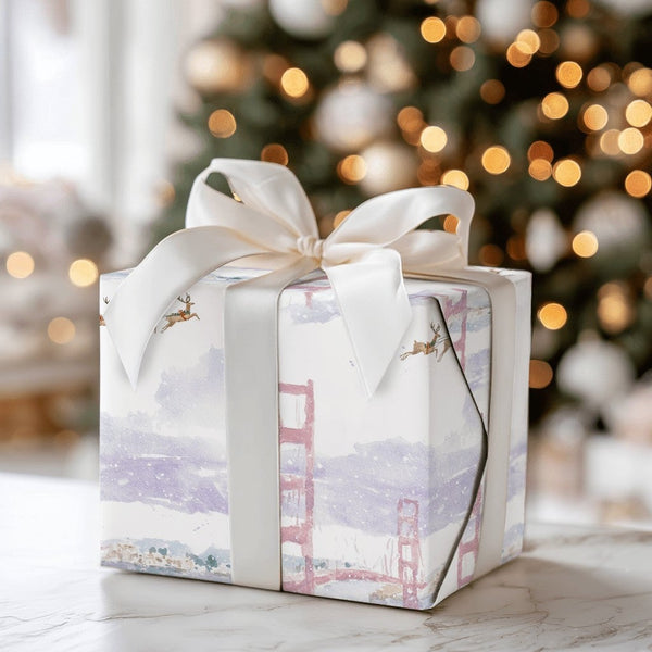 Golden Gate Bridge Gift Wrap, San Francisco Christmas Wrapping Paper, Watercolor Reindeer Wrapping Paper, California Holiday 
