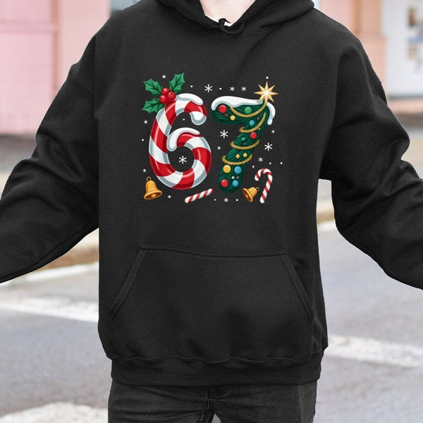 Festive Candy Cane 67th Birthday Sweatshirt, 67 Birthday Christmas Hoodie, Holiday Number 67 Hooded Pullover, Christmas Birth