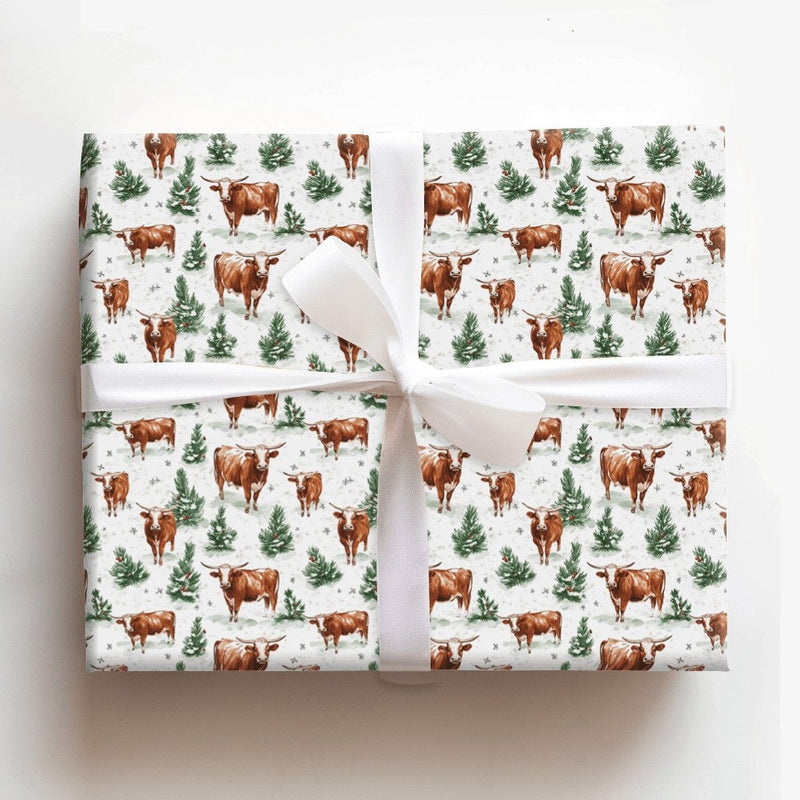 Rustic Western Christmas Gift Wrap, Longhorn Cattle Wrapping Paper, Farmhouse Pine Tree Wrapping Paper, Cow Lover Holiday Gift Wrap