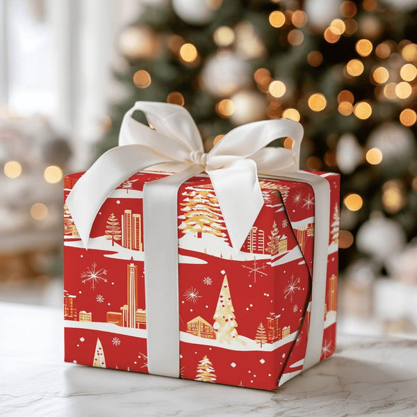 Red Gold Christmas Gift Wrap, Retro Winter Cityscape Wrapping Paper, Holiday City Scene Wrapping Paper, Festive Present Gift 
