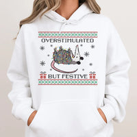 Humorous Christmas Lights Sweatshirt, Overstimulated but Festive Possum Hoodie, Quirky Holiday Pullover, Adorable Possum Winter Graphic Hooded Top