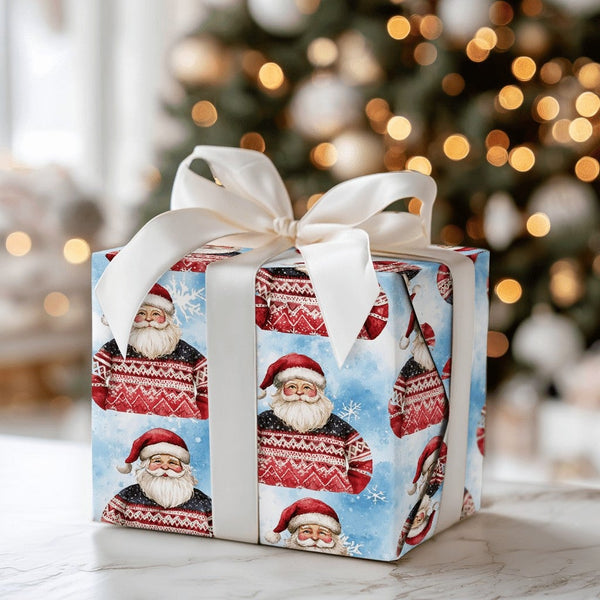 Adorable Christmas Santa Gift Wrap, Nordic Sweater Santa Wrapping Paper, Winter Holiday Wrapping Paper Roll, Snowy Blue Xmas 