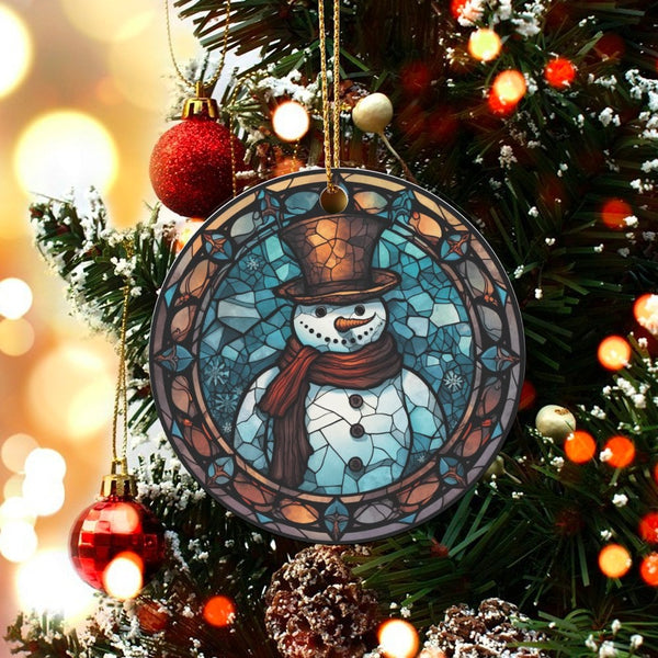 Festive Winter Ceramic Ornament, Stained Glass Snowman Ornament, Colorful Snowman Christmas Tree Ornament, Adorable Holiday K