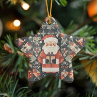 Quilted Pattern Star Ornament, Geometric Quilt Santa Star Ornament, Ceramic Christmas Tree Decor, Star Ornament Holiday Present for Family