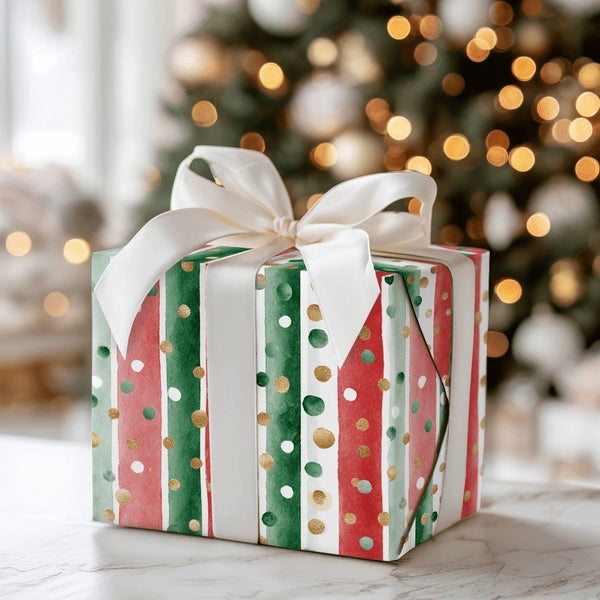 Watercolor Red Green Gift Wrap, Striped Christmas Wrapping Paper, Polka Dot Wrapping Paper, Classic Holiday Gift Wrap, Xmas P
