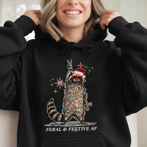Tangled Christmas Lights Sweatshirt, Feral and Festive Raccoon Hoodie, Humorous Trash Panda Xmas Hoodie, Ugly Holiday Sweatsh