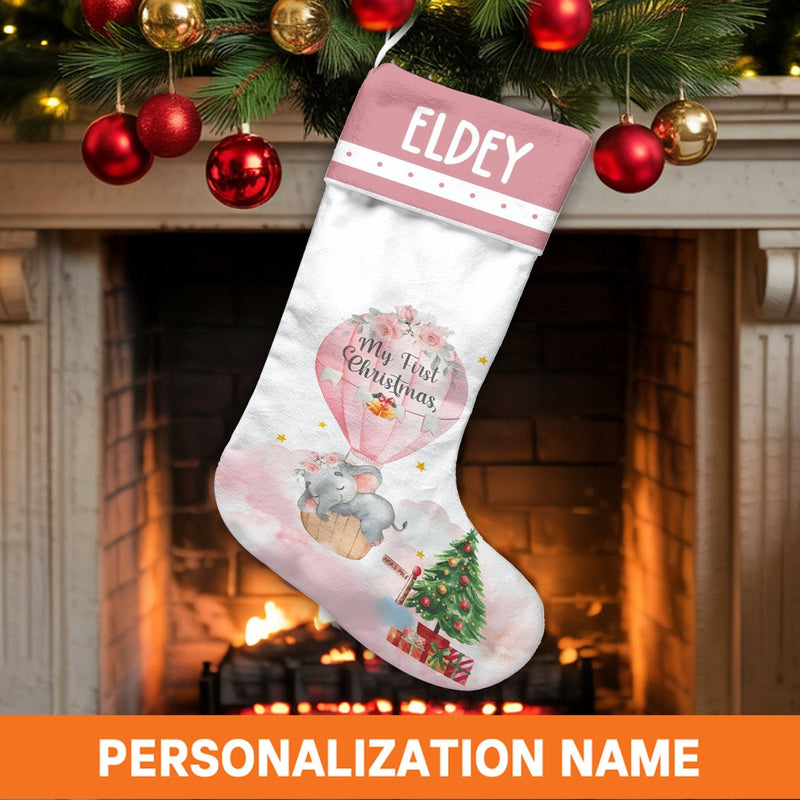 Baby First Christmas Stocking, Personalized Baby Elephant Christmas Stocking, Custom Name Holiday Stocking, Adorable Nursery Christmas Stocking