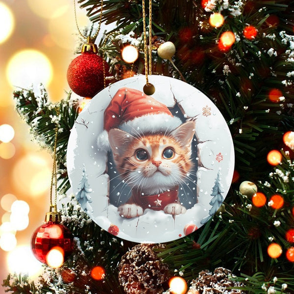 Santa Hat Kitten Holiday Ornament, Adorable Ginger Cat Christmas Ornament, Ceramic Pet Lover Tree Ornament, Winter Keepsake P