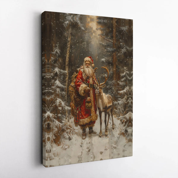 Snowy Forest Reindeer Canvas Print, Vintage Santa Claus Canvas Art, Retro Christmas Holiday Wall Art, Rustic Winter Scene Can