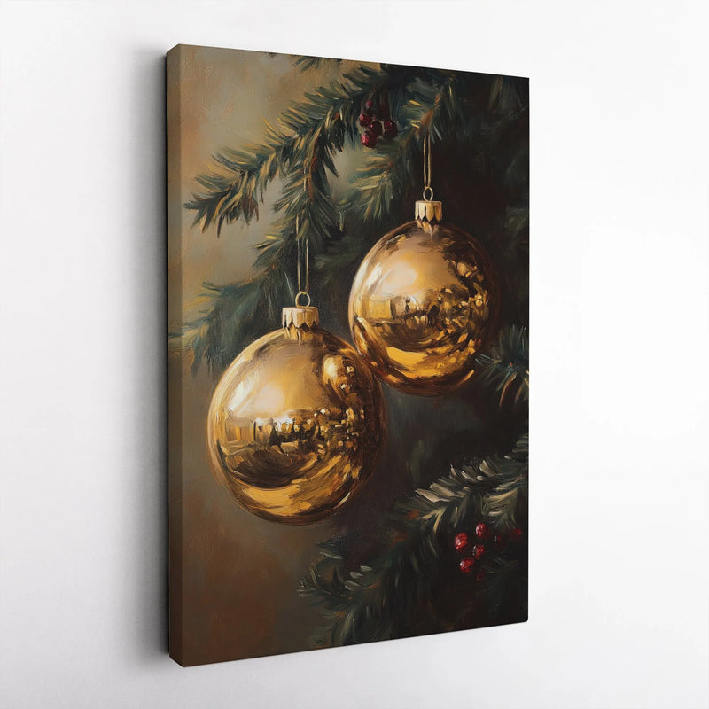 Vintage Holiday Pine Canvas Print, Golden Christmas Ornaments Canvas Wall Art, Festive Xmas Painting Canvas, Christmas Wall Decor Present