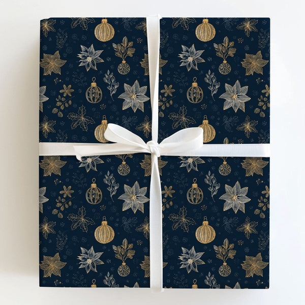 Navy Blue Christmas Gift Wrap, Gold Poinsettia Wrapping Paper, Elegant Botanical Holiday Present Paper, Winter Snowflake Wrap