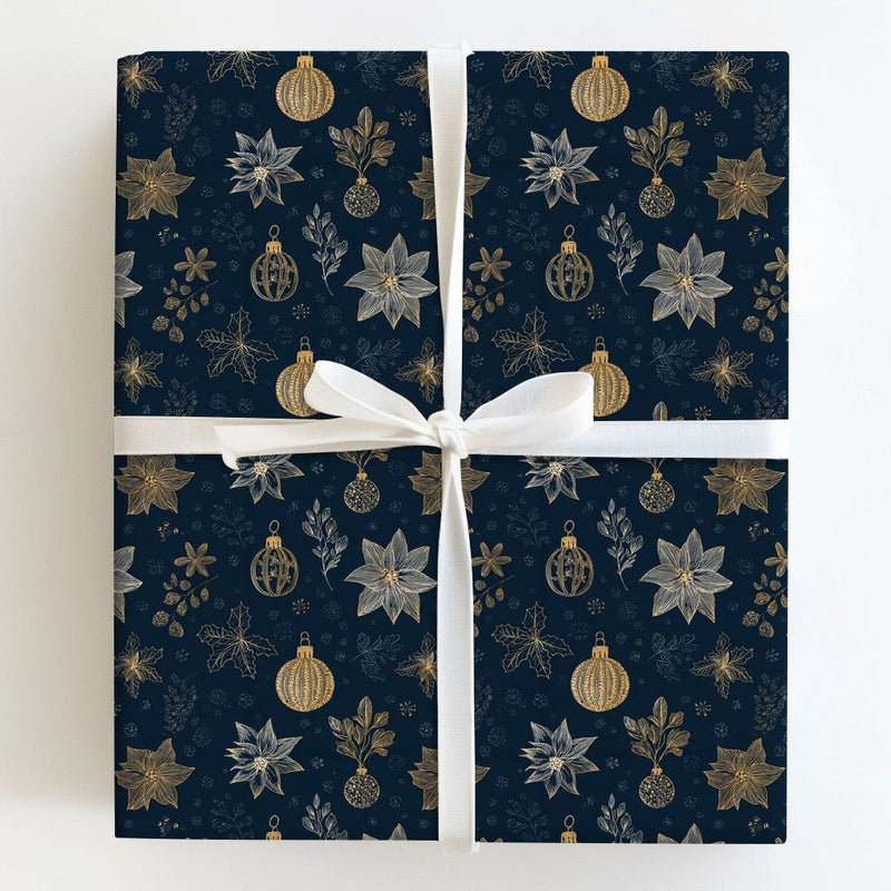 Navy Blue Christmas Gift Wrap, Gold Poinsettia Wrapping Paper, Elegant Botanical Holiday Present Paper, Winter Snowflake Wrapping Paper
