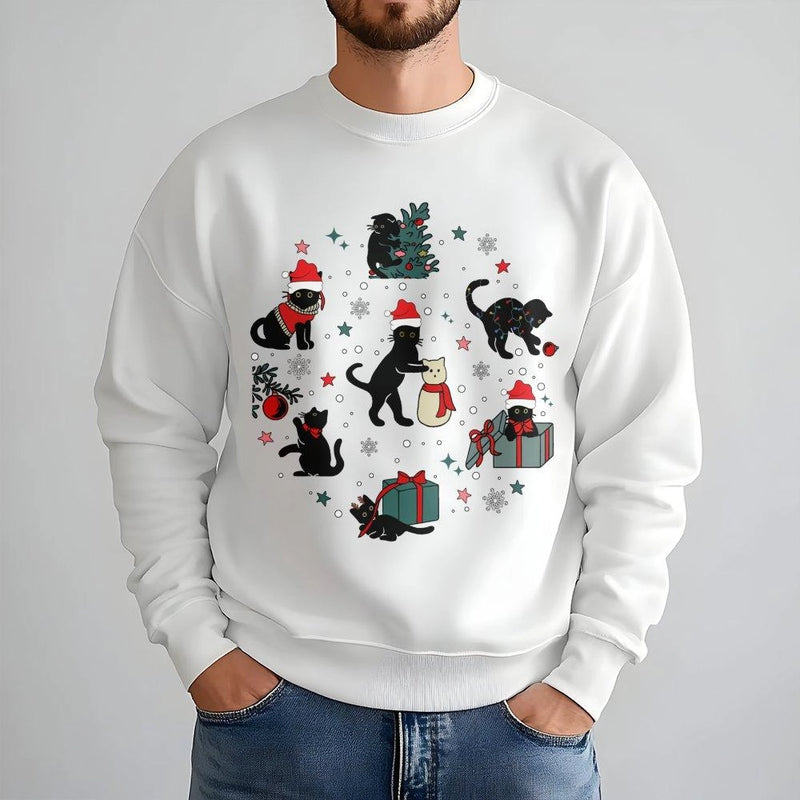 Festive Kitten Santa Hat Sweater, Black Cat Christmas Sweatshirt, Adorable Cat Lover Holiday Crewneck Sweatshirt, Humorous Xmas Animal Pullover