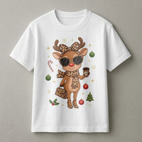 Leopard Print Christmas T-Shirt, Boujee Reindeer T-Shirt, Adorable Holiday Animal Graphic Tee, Retro Winter Reindeer Shirt, Womens Xmas Present