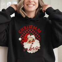 Buffalo Plaid Holiday Sweatshirt, Retro Santa Christmas Vibes Hoodie, Winter Graphic Hooded Pullover, Festive Santa Xmas Hoodie