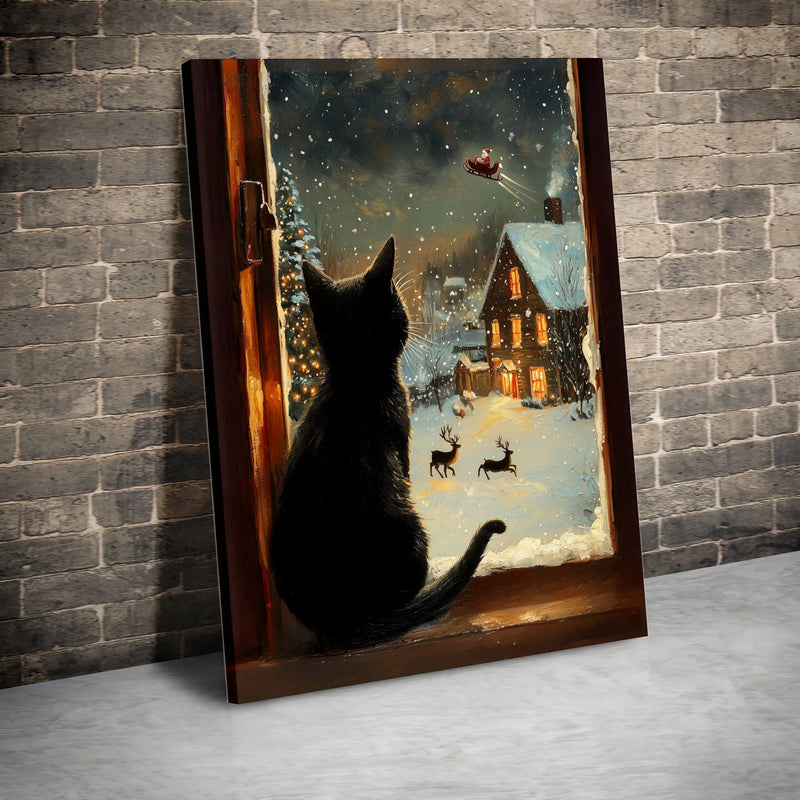 Santa Sleigh Window Canvas Print, Black Cat Christmas Canvas Wall Art, Comfy Holiday Cat Canvas, Winter Xmas Canvas, Cat Lover Present Decor