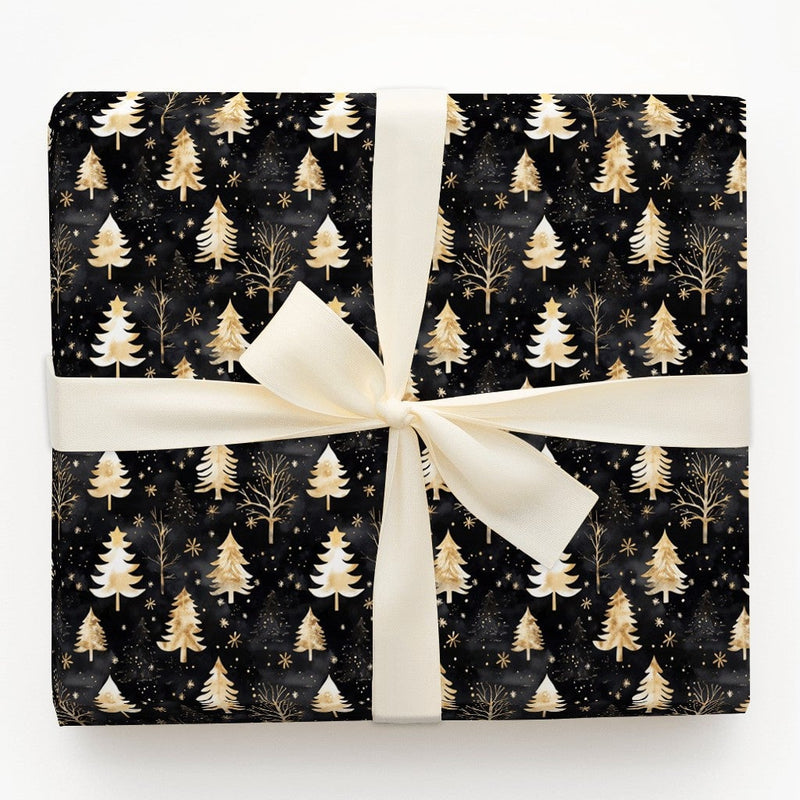 Black Christmas Gift Wrap, Gold and White Tree Wrapping Paper, Modern Winter Forest Present Wrap, Elegant Holiday Night Gift Wrapping Paper