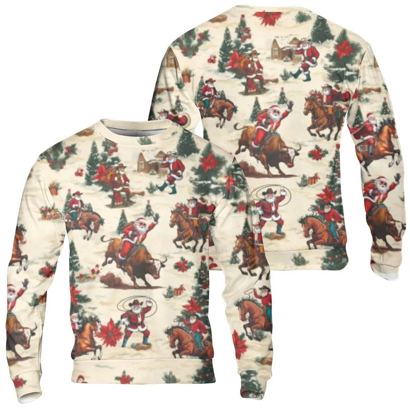 Western Christmas Bull Riding Crewneck, Cowboy Santa Sweatshirt, Rodeo Santa Holiday Pullover, Country Western Xmas Graphic Sweatshirt