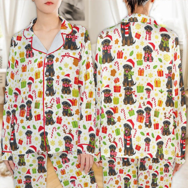 Festive Dog Pajama Set, Rottweiler Christmas Satin Pajamas, Silky Holiday Puppy Pajamas, Comfy Animal Loungewear, Dog Lover P