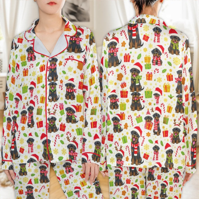 Festive Dog Pajama Set, Rottweiler Christmas Satin Pajamas, Silky Holiday Puppy Pajamas, Comfy Animal Loungewear, Dog Lover Present for Her