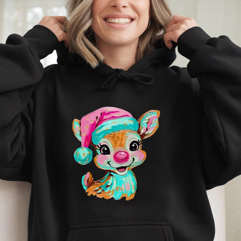 Artistic Brushstroke Holiday Hoodie, Adorable Reindeer Christmas Hoodie, Comfy Winter Pullover Hoodie, Retro Xmas Sweatshirt, Holiday Present