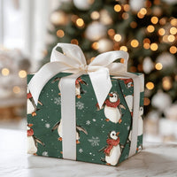 Dark Green Winter Penguin Gift Wrap, Christmas Penguin Wrapping Paper, Adorable Red Scarf Holiday Wrapping Paper, Festive Present Gift Wrap Roll