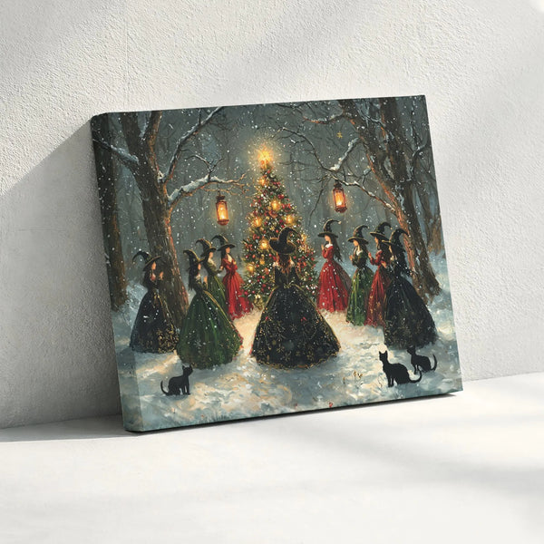 Vintage Coven Gathering Canvas Print, Witchy Christmas Canvas Wall Art, Gothic Snowy Forest Canvas, Spooky Holiday Wall Decor