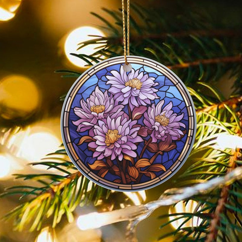 Purple Floral Christmas Ornament, Stained Glass Chrysanthemum Ornament, Botanical Flower Tree Ornament, Ceramic Garden Ornament, Floral Present