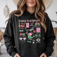 Humorous Eye Doctor Christmas Sweatshirt, 12 Days of Optometry Hoodie, Optician Holiday Pullover, Ophthalmologist Clinic Hooded Sweater Present