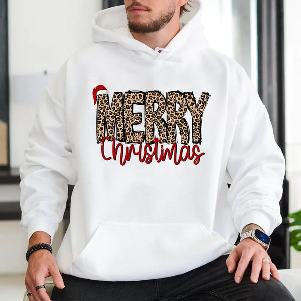 Festive Santa Hat Holiday Hoodie, Merry Christmas Leopard Print Hoodie, Adorable Animal Print Hooded Sweatshirt, Comfy Winter