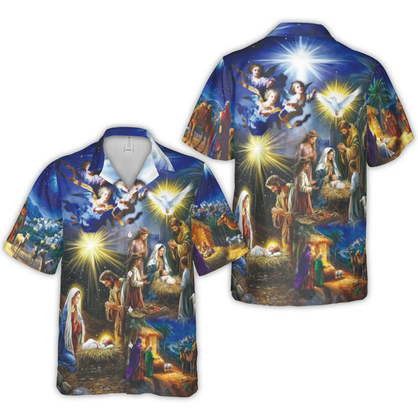Religious Christmas Aloha Shirt, Nativity Scene Hawaiian Shirt, Birth of Jesus Button Up Shirt, Christian Holiday Beach Shirt