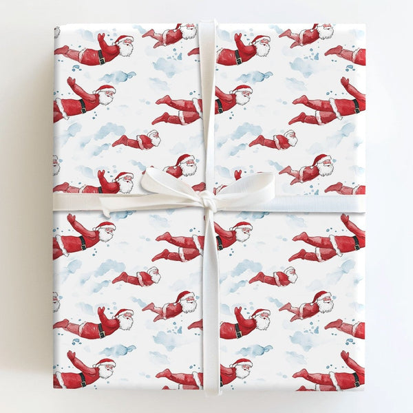 Whimsical Christmas Cloud Gift Wrap, Superhero Flying Santa Wrapping Paper, Humorous Holiday Hero Wrapping Paper, Flying Sant